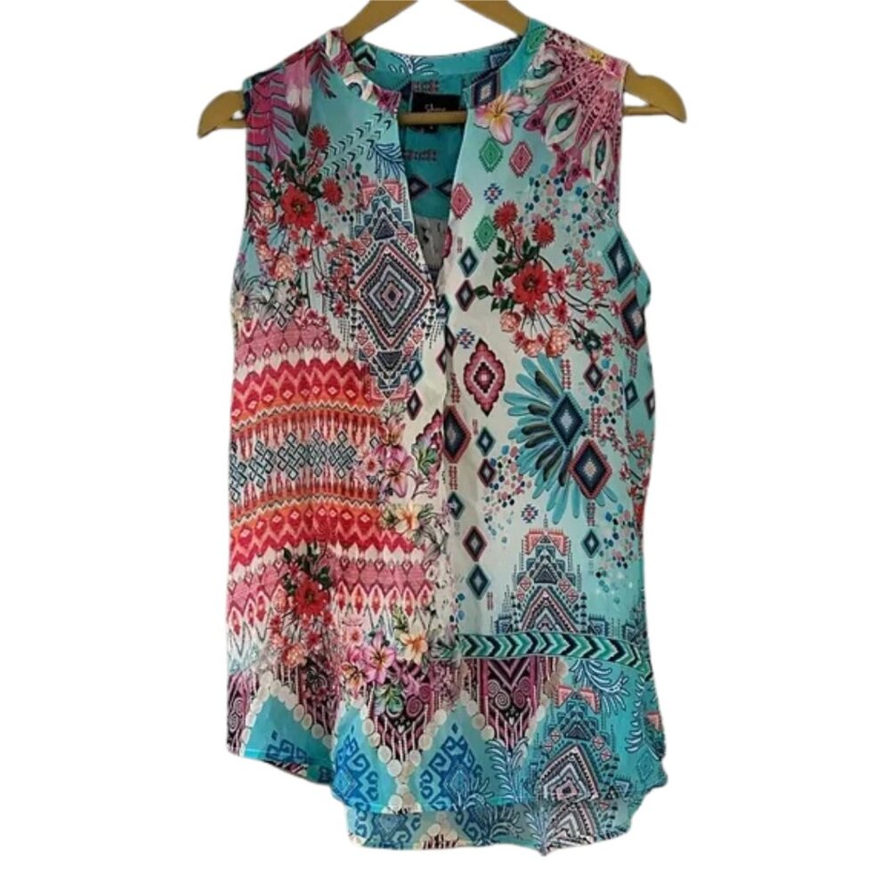 NEW Shana Multicolor Floral Aztec Tunic Tank Teal Pink Boho Sleeveless Top